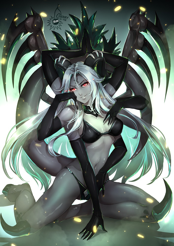 1girl, artist_name, bikini, black_bikini, black_gloves, breasts, chaos_(warhammer), cherry_in_the_sun, commentary, commission, demon_girl, elbow_gloves, english_commentary, enteka_(khornette_quest), facial_mark, forehead_mark, full_body, gloves, glowing, glowing_eyes, grey_skin, hooves, horns, khornette_quest, kneeling, long_hair, medium_breasts, multiple_arms, navel, parted_lips, red_eyes, silver_hair, smile, smirk, solo, spikes, swimsuit, tail, very_long_hair, warhammer_40k