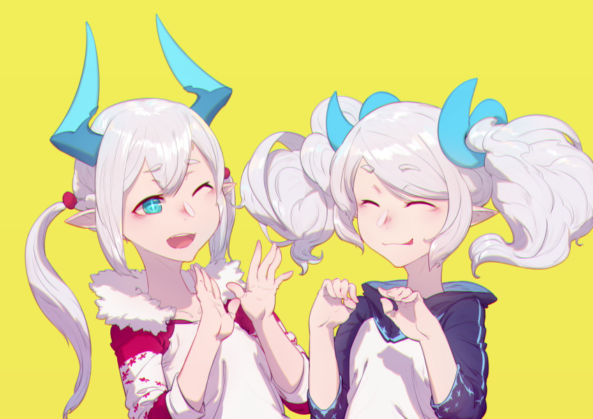 2girls, absurdres, chiliarch_(elsword), demon_girl, demon_horns, elsword, eyebrows_visible_through_hair, fluffy