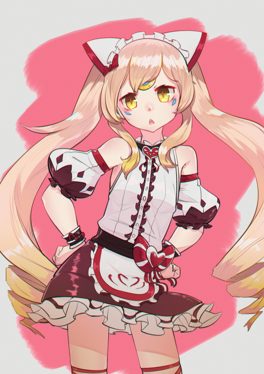 1girl, bare_shoulders, blonde_hair, detached_sleeves, drill_hair, elsword, eve_(elsword), facial_mark
