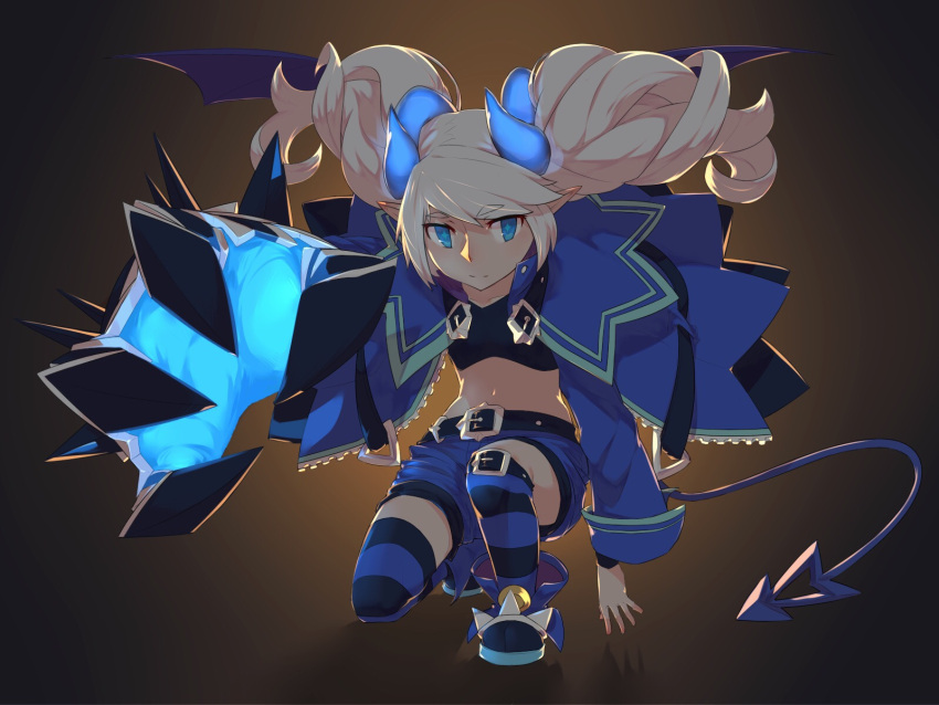 1girl, chiliarch_(elsword), clawed_gauntlets, demon_girl, demon_horns, demon_tail, elsword, eyebrows_visible_through_hair