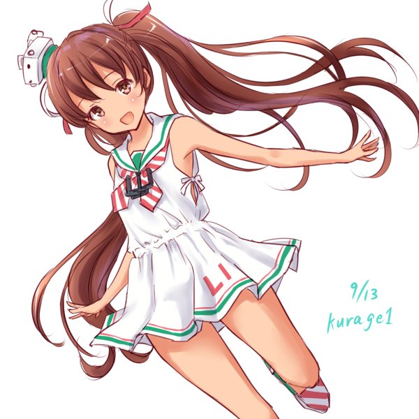 1girl, blush, brown_hair, dress, eyebrows_visible_through_hair, hair_between_eyes, hair_ribbon, kantai_collection