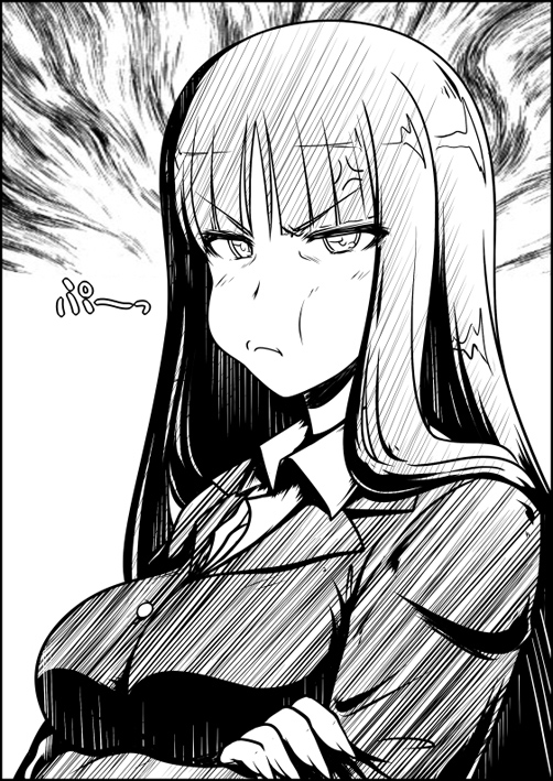 1girl, a-teru_haito, anger_vein, bangs, blunt_bangs, crossed_arms, girls_und_panzer, long_hair