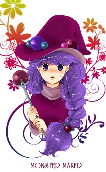 1girl, @zu, azuko_(@zuco), braid, hat, jewelry, long_hair, monster_maker, purple_eyes, purple_hair, rufia_(monster_maker), solo, title_drop, wand, witch, witch_hat