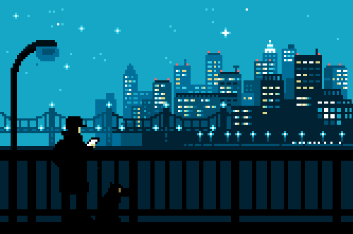 1boy, animated, animated_gif, black_pants, blue_sky, bridge, brown_coat, brown_dog, building, cellphone, city, coat, dog, from_behind, holding, holding_phone, lamppost, looking_at_phone, looking_at_screen, lowres, night, outdoors, pants, phone, pixel_art, railing, sky, skyscraper, star_(sky), starry_sky, toyoi_yuuta, watch_dogs