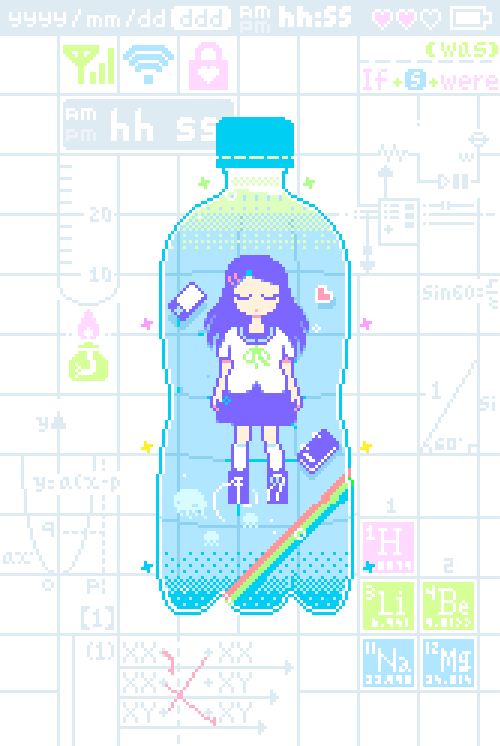 1girl, air_bubble, animated, animated_gif, book, bottle, bubble, cellphone