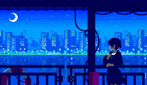 1girl, animated, animated_gif, black_hair, blue, blue_sky, boat_interior, building, city, crane, dress, from_side, gradient_sky, lifebuoy, lowres, moon, night, night_sky, original, pixel_art, profile, reflection, short_hair, short_sleeves, sky, skyscraper, solo, standing, toyoi_yuuta