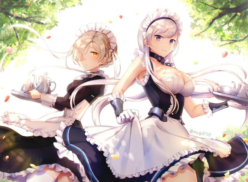 2girls, apron, armpits, azur_lane, bangs, belfast_(azur_lane), black_dress, blonde_hair, blue_eyes, blush, braid, breasts, chains, cleavage, closed_mouth, collar, collarbone, corset, corsetman, day, dress, dress_lift, elbow_gloves, eyebrows_visible_through_hair, floating_hair, french_braid, frilled_gloves, frills, garter_straps, gloves, hair_over_one_eye, holding, holding_tray, large_breasts, lifted_by_self, long_hair, long_sleeves, looking_at_viewer, maid, maid_headdress, medium_breasts, mugi_(iccomae), multiple_girls, outdoors, parted_lips, petals, sheffield_(azur_lane), short_hair, silver_hair, smile, spoon, teapot, thigh-highs, thighs, tray, tree, twitter_username, white_apron, white_gloves, white_legwear, wind, yellow_eyes
