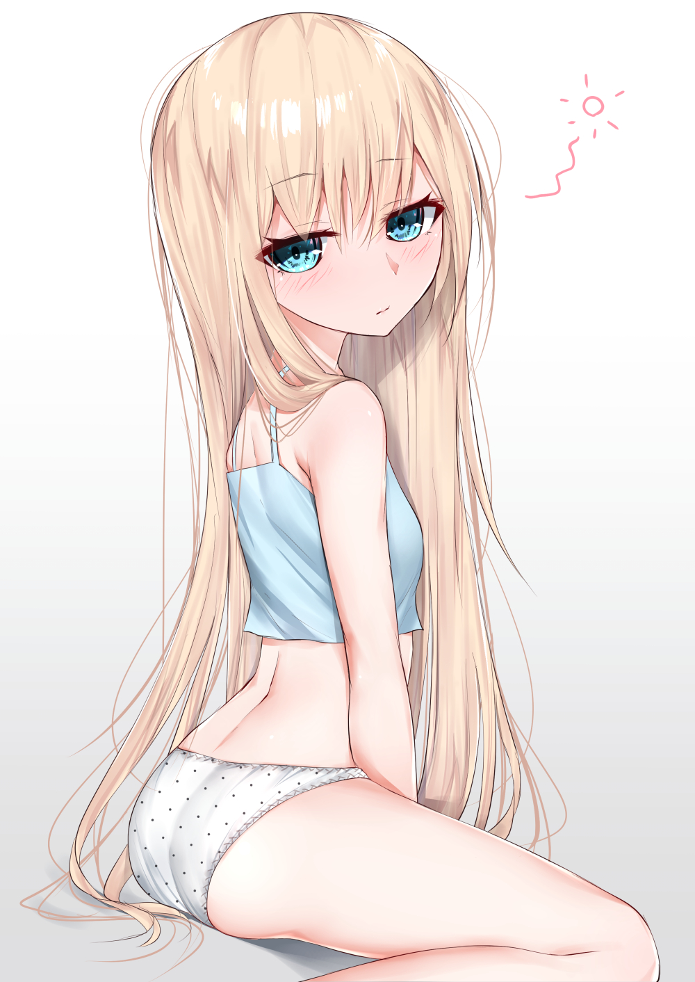 1girl, bangs, bare_arms, bare_legs, bare_shoulders, blonde_hair, blue_camisole, blue_eyes
