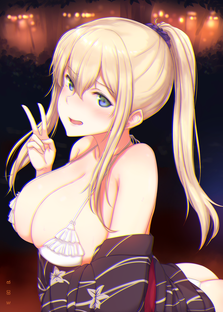1girl, alternate_costume, arm_across_waist, ass, bikini, blonde_hair, blue_eyes, blush