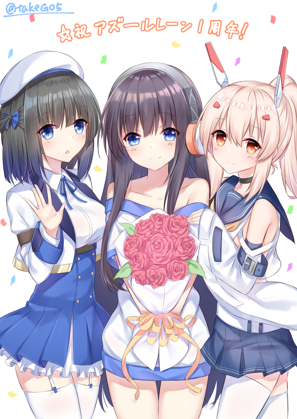 3girls, acasta_(azur_lane), ayanami_(azur_lane), azur_lane, bangs, bare_shoulders, belt_buckle, beret