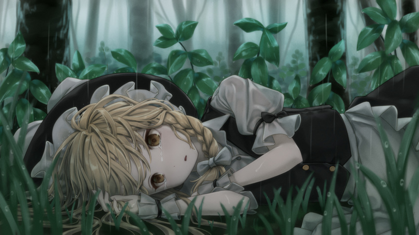 1girl, apron, bangs, black_bow, black_hat, black_skirt, black_vest, blonde_hair, bow, braid, commentary_request, crying, crying_with_eyes_open, dtvisu, forest, grass, hair_bow, hands_up, hat, hat_bow, kirisame_marisa, leaf, lying, nature, on_side, outdoors, parted_lips, plant, puffy_short_sleeves, puffy_sleeves, rain, shirt, short_sleeves, single_braid, skirt, skirt_set, solo, tears, touhou, tree, upper_body, vest, waist_apron, white_apron, white_bow, white_shirt, wing_collar, witch_hat, wrist_cuffs, yellow_eyes