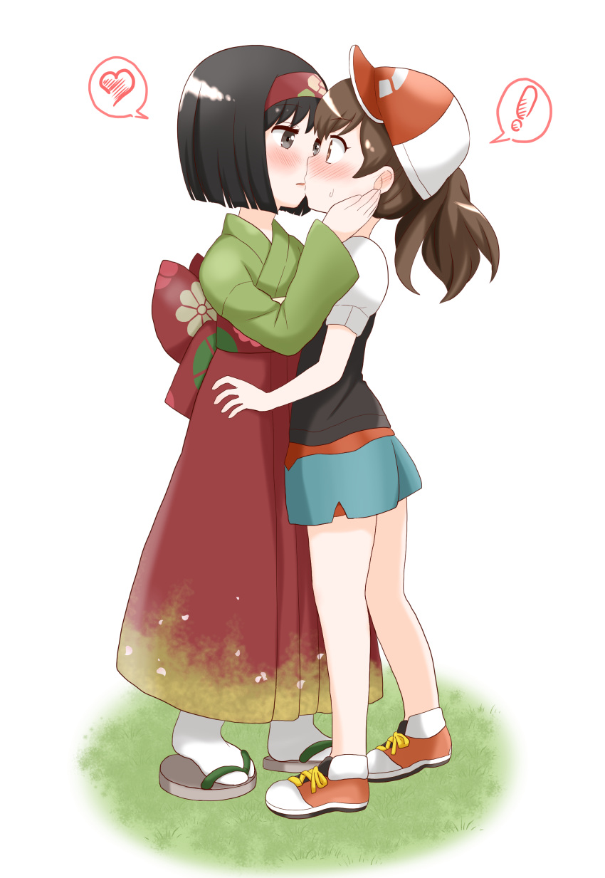 2girls, absurdres, baseball_cap, blush, bow, creatures_(company), erika_(pokemon), eye_contact, face-to-face, female_protagonist_(pokemon_lgpe), floral_print, game_freak, gym_leader, hand_on_another's_face, hat, heart, highres, japanese_clothes, kimono, kiss, looking_at_another, multiple_girls, nintendo, pokemon, pokemon_(game), pokemon_lgpe, ponytail, sandals, short_hair, shorts, sweatdrop, thought_bubble, yuri