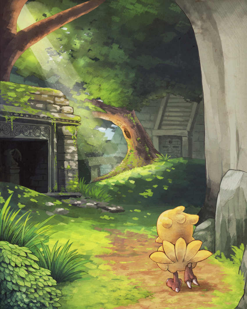 absurdres, chocobo, final_fantasy, forest, highres, machika_(mukulife), nature, no_humans, overgrown, ruins, sunlight, walking