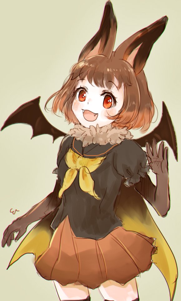 1girl, animal_ears, bat_ears, bat_wings, blush, brown_hair, brown_long-eared_bat_(kemono_friends), cape