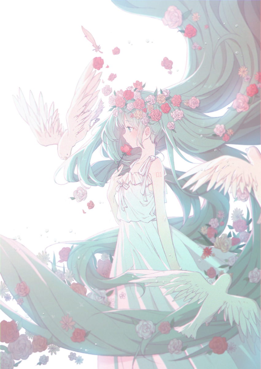 1girl, absurdly_long_hair, absurdres, animal, arm_at_side, bare_arms, bare_shoulders, bird, blue_eyes, blue_hair, blush, castanet_(ranhoujun), commentary, dress, english_commentary, expressionless, eyebrows_visible_through_hair, feathers, flat_chest, floating_hair, flower, flying, hair_flower, hair_ornament, hatsune_miku, highres, long_dress, long_hair, looking_away, pink_flower, pink_rose, profile, ribbon, rose, simple_background, sleeveless, sleeveless_dress, solo, very_long_hair, vocaloid, white_background, white_dress, white_ribbon