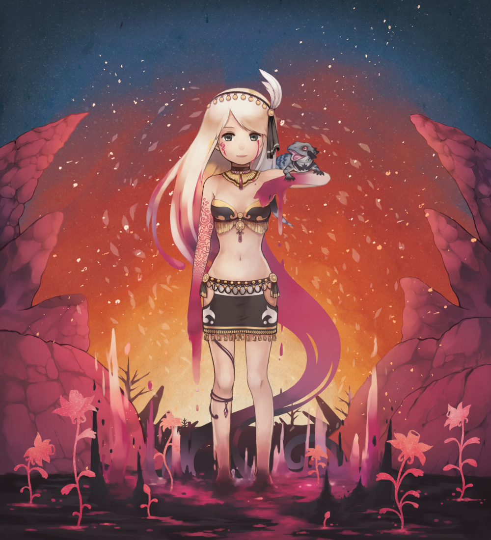 1girl, bra, flower, full_body, lizard, long_hair, looking_at_viewer, machika_(mukulife)