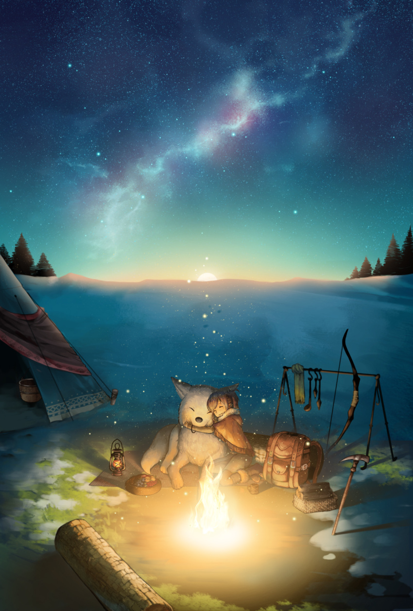 1girl, backpack, bag, bow, camp, campfire, dog, fire, happy, highres, hug, lantern, log, machika_(mukulife), outdoors, sitting, sky, star_(sky), starry_sky, sunrise, tent