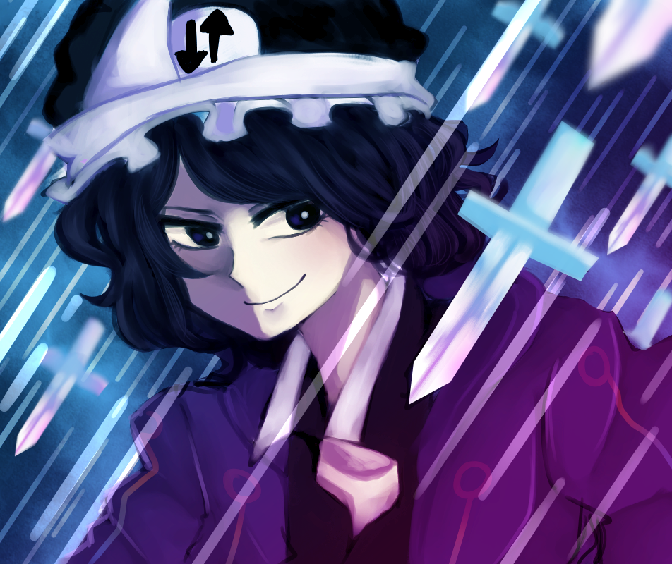 1other, androgynous, black_hair, danmaku, frilled_hat, frills, hat, hood