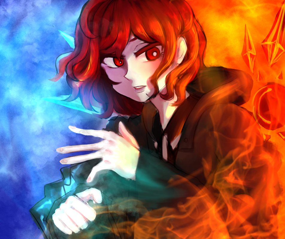 1other, androgynous, danmaku, fiery_wings, green_coat, hood, hooded_jacket, ice