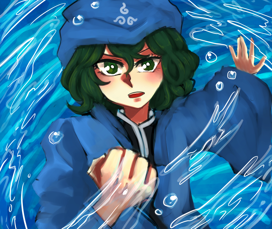 1other, androgynous, blue_coat, danmaku, green_eyes, green_hair, hood, hooded_jacket
