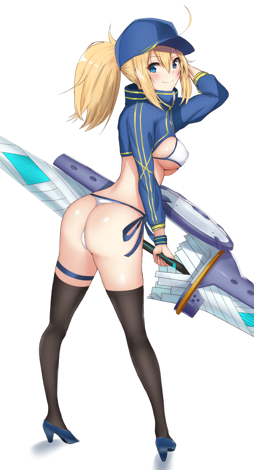 1girl, akatsuki_ikki, arm_up, ass, bangs, baseball_cap, bikini, black_legwear