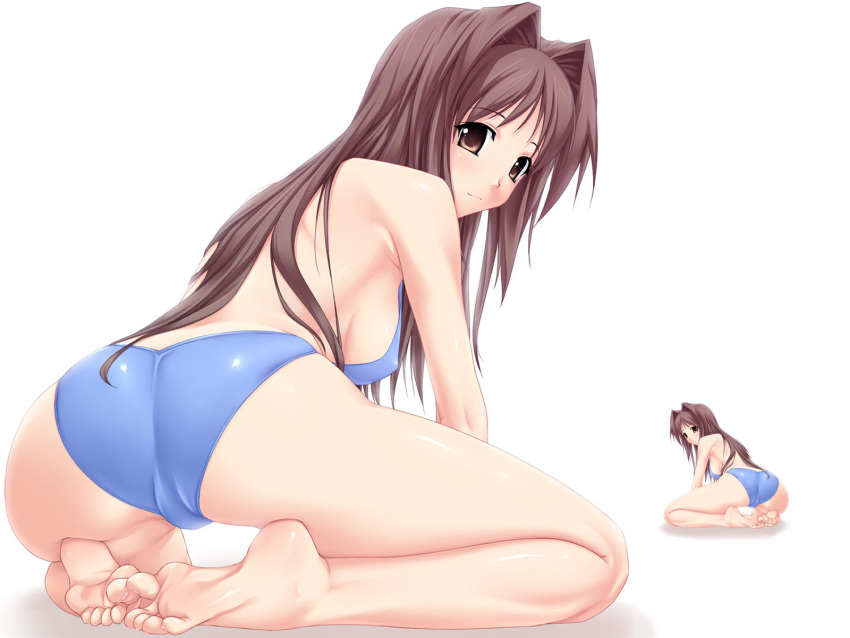 barefoot, breasts, brown_eyes, brown_hair, buresu, feet, highres, kneeling