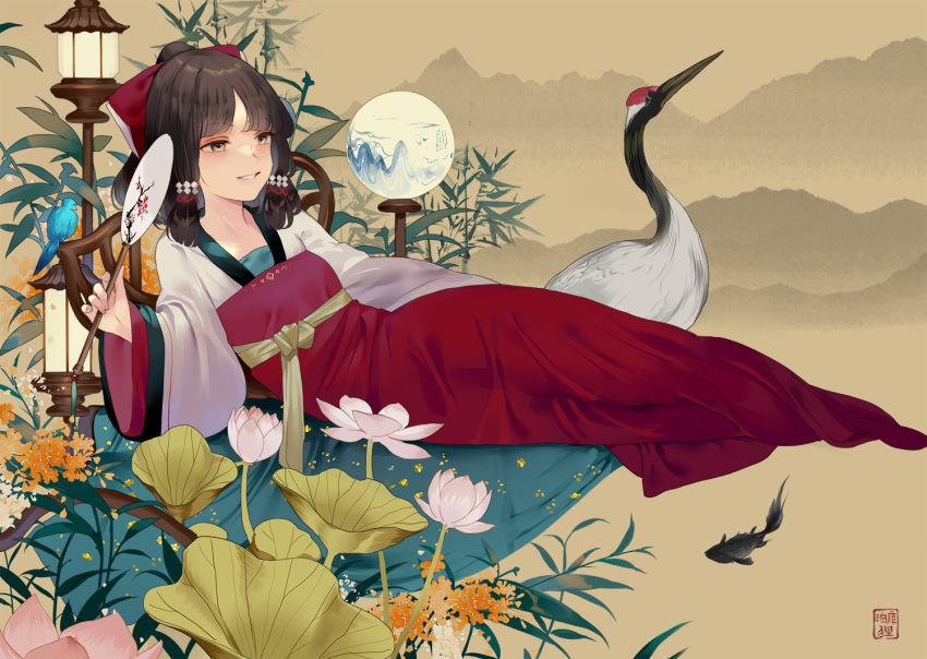 1girl, alternate_costume, bamboo, bangs, bird, breasts, brown_hair, cherry_blossoms, chinese_clothes, chinese_new_year, commentary_request, crane_(animal), dress, fan, fish, floral_print, flower, full_body, goldfish, hair_ribbon, hair_tubes, hakurei_reimu, half_updo, hillly_(maiwetea), holding, holding_fan, lamp, long_dress, long_sleeves, looking_away, lotus, lying, medium_breasts, medium_hair, mountain, on_side, parted_lips, petals, red-crowned_crane, red_dress, red_ribbon, ribbon, sepia_background, smile, solo, touhou, wide_sleeves, yellow_eyes