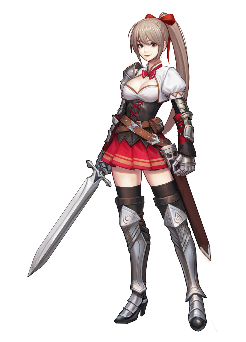 1girl, absurdres, armored_boots, armored_gloves, bangs, boots, bow, bowtie