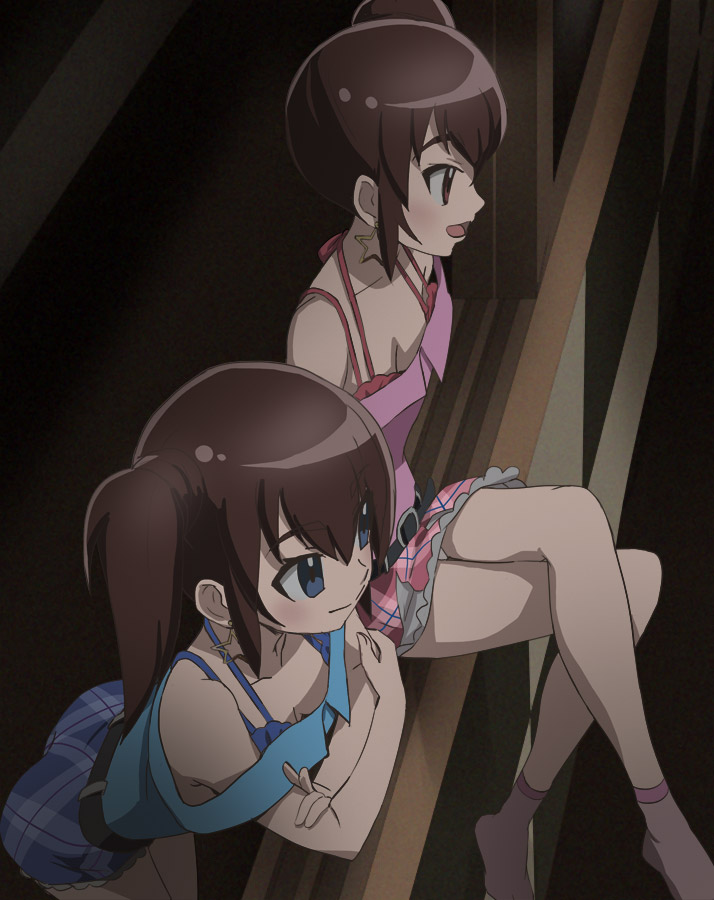 2girls, belt, blue_eyes, blue_skirt, breasts, brown_hair, cleavage, collarbone, earrings, fujiwara_akari, fujiwara_aoi_(wakaokami_wa_shougakusei), haruyama_kazunori, jewelry, legs_crossed, looking_away, multiple_girls, open_mouth, pink_skirt, plaid, plaid_skirt, short_hair, side_ponytail, sitting, skirt, smile, star, star_earrings, wakaokami_wa_shougakusei