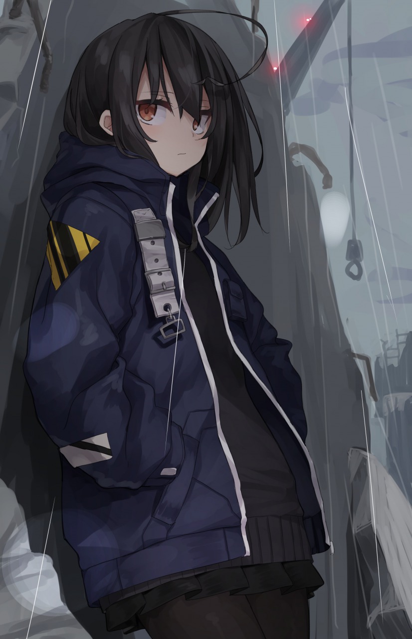 1girl, abarabone, against_wall, ahoge, bangs, black_hair, black_jacket, black_legwear