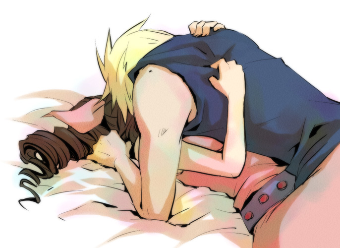 bad_id, bed_sheet, belt, blonde_hair, brown_hair, cloud_strife, couple, drill_hair