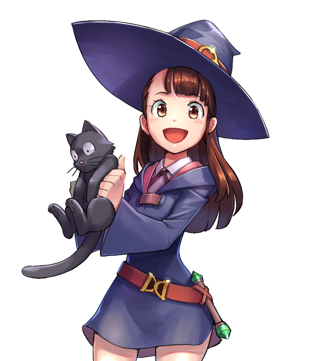1girl, :d, bangs, belt, black_cat, brown_eyes, brown_hair, cat, collared_shirt, cowboy_shot, dress, eyebrows_visible_through_hair, hat, holding, holding_cat, kagari_atsuko, little_witch_academia, long_sleeves, looking_at_viewer, luna_nova_school_uniform, neck_ribbon, open_mouth, pinafore_dress, purple_hat, ribbon, school_uniform, shirt, shirt_under_dress, simple_background, sirious_long, smile, solo, white_background, wide_sleeves, witch, witch_hat