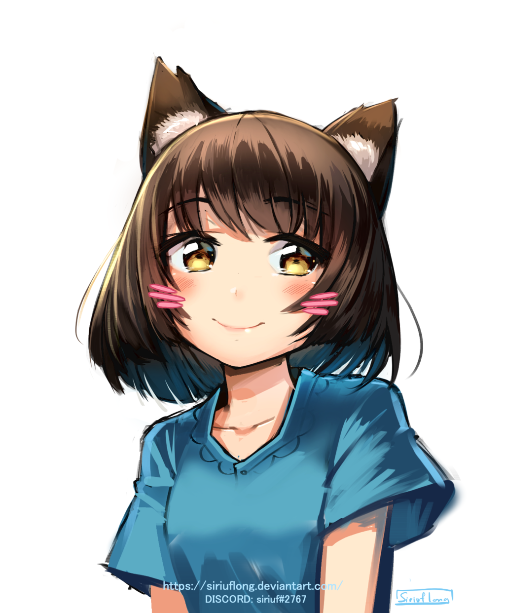 1girl, animal_ears, arms_at_sides, artist_name, blue_shirt, blush, brown_eyes, brown_hair