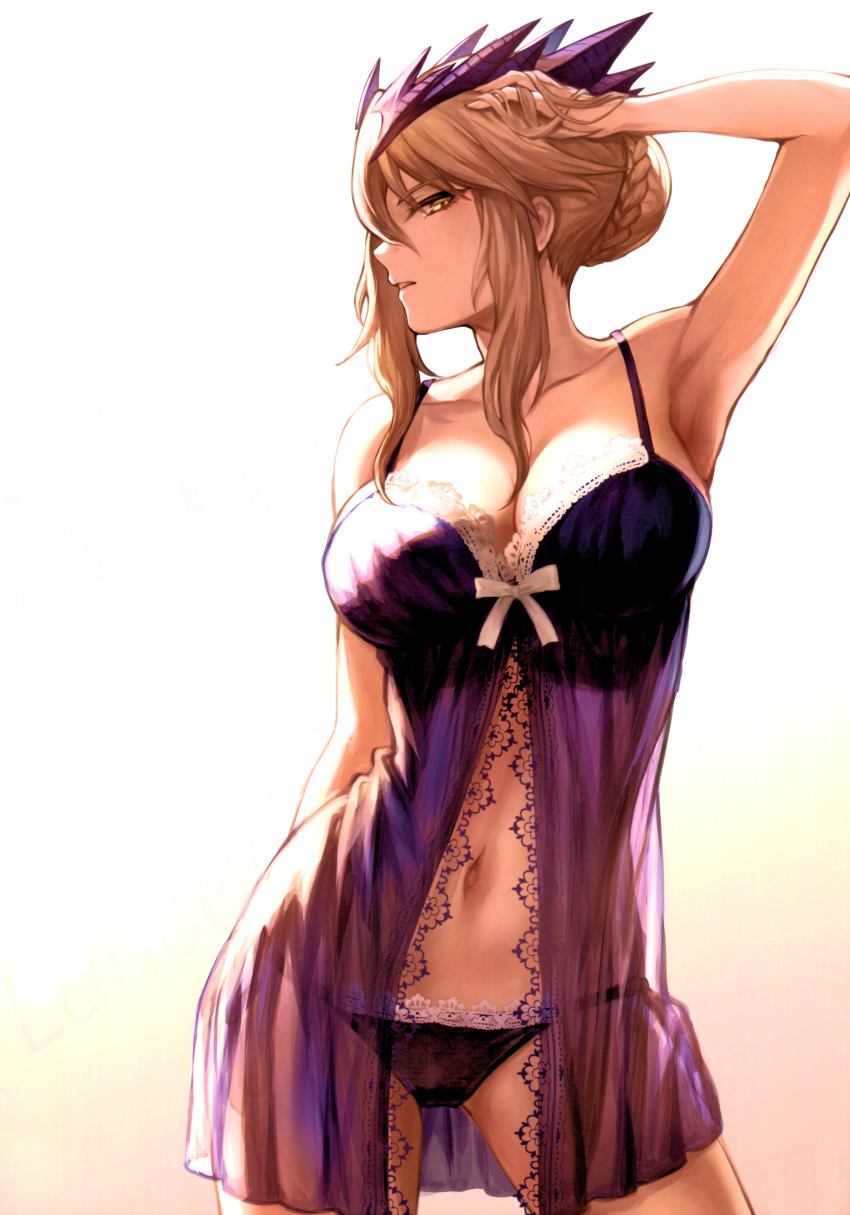 1girl, absurdres, arm_up, armpits, artoria_pendragon_(all), artoria_pendragon_(lancer_alter), babydoll, bare_shoulders, blonde_hair, braid, breasts, collarbone, double_bun, fate/grand_order, fate_(series), french_braid, hair_between_eyes, hand_in_hair, highres, lace, lace-trimmed_panties, large_breasts, lingerie, long_hair, looking_at_viewer, mashu_003, open_mouth, panties, parted_lips, scan, sidelocks, simple_background, solo, standing, underwear, yellow_eyes