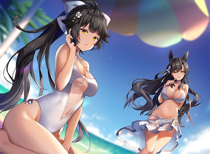 alternate_costume, animal_ears, arm_behind_back, atago_(azur_lane), azur_lane, bangs, beach, beach_umbrella, between_legs, black_hair, blue_sky, blurry, blurry_background, blush, bow, breasts, brown_eyes, cleavage, criss-cross_halter, each, extra_ears, finger_to_mouth, floating_hair, groin, hair_bow, hair_flaps, hair_ornament, hair_ribbon, half-closed_eyes, halterneck, hand_between_legs, hand_in_hair, head_tilt, large_breasts, long_hair, looking_at_viewer, mole, mole_under_eye, multiple_girls, navel, non_(nobu), ocean, one-piece_swimsuit, outdoors, palm_leaf, ponytail, ribbon, sand, sarong, see-through, sidelocks, sitting, sky, smile, standing, stomach, swept_bangs, swimsuit, takao_(azur_lane), taut_clothes, taut_swimsuit, umbrella, very_long_hair, white_bow, white_ribbon, yokozuwari