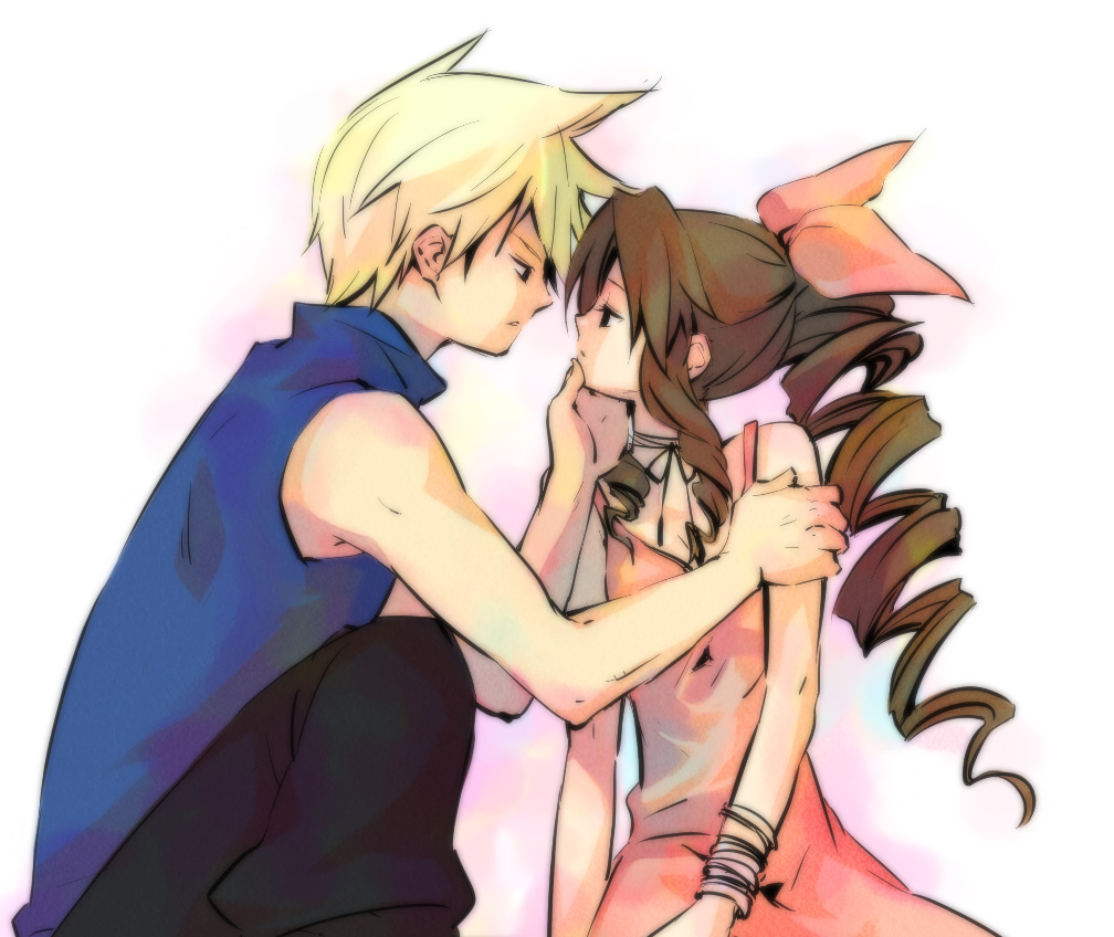 bad_id, blonde_hair, bow, brown_hair, cloud_strife, couple, dress, drill_hair