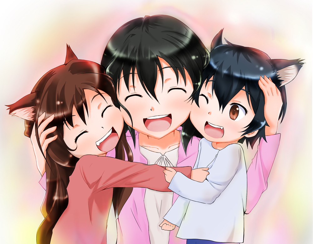 1boy, 2girls, ame_(ookami_kodomo), animal_ears, azumawari_(azumofu), black_hair, blue_hair, brown_eyes