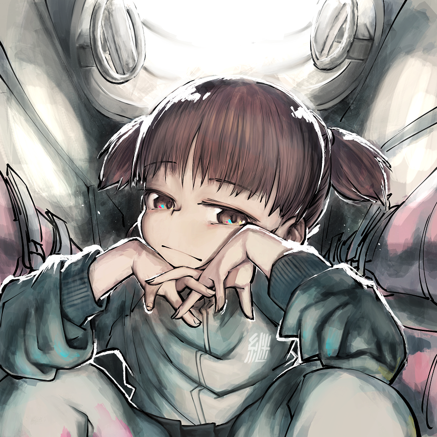 1girl, backlighting, blue_jacket, blue_pants, blue_skirt, chin_rest, closed_mouth, commentary_request, eyebrows_visible_through_hair, frown, girls_und_panzer, half-closed_eyes, hands_together, interlocked_fingers, jacket, keizoku_military_uniform, leaning_forward, long_sleeves, looking_at_viewer, mikko_(girls_und_panzer), military, military_uniform, miniskirt, pants, pants_under_skirt, partial_commentary, pleated_skirt, raglan_sleeves, raised_eyebrow, red_eyes, redhead, short_hair, short_twintails, sitting, skirt, solo, tank_interior, track_jacket, track_pants, twintails, uniform, yasushi