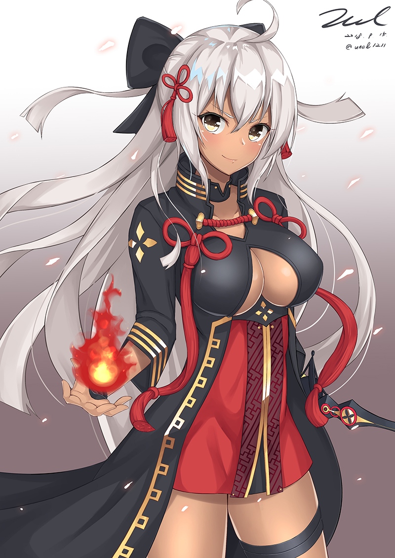 1girl, ahoge, bangs, black_bow, blush, bow, breasts, cleavage