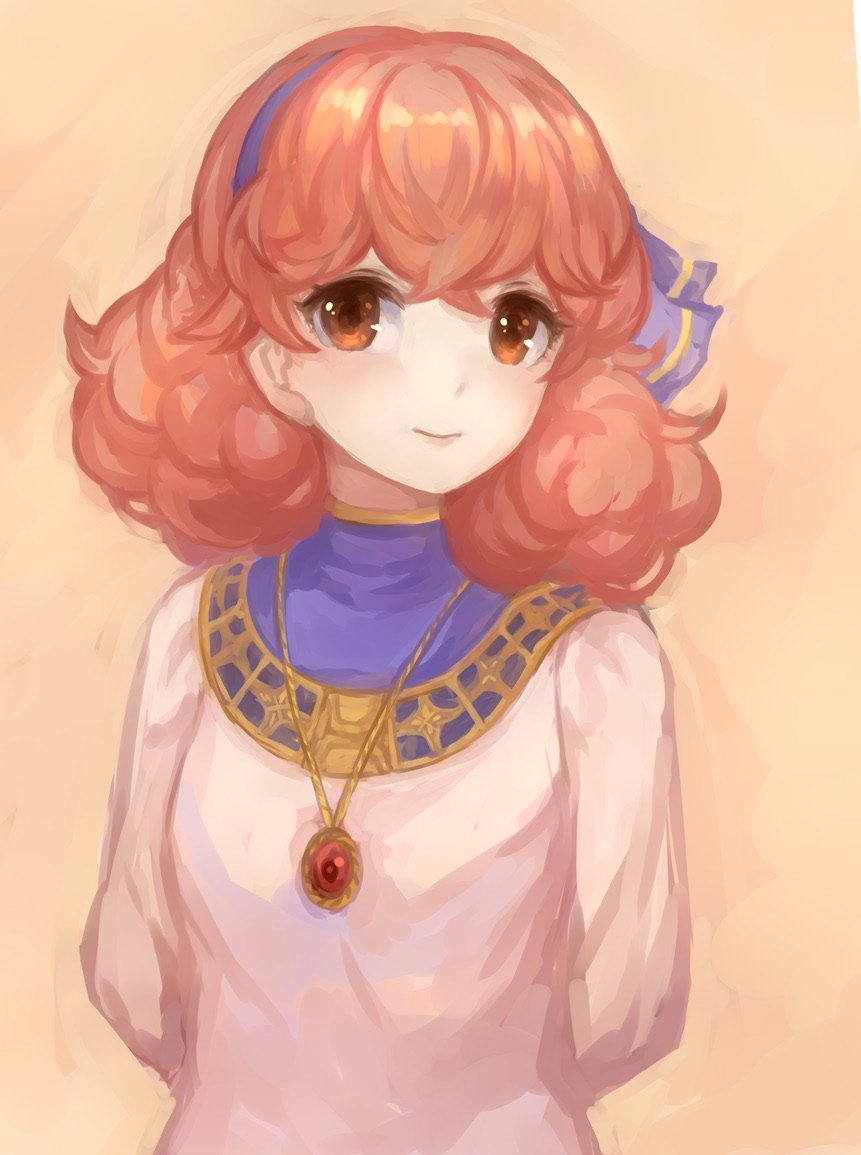 1girl, arms_behind_back, brown_eyes, closed_mouth, curly_hair, dress, fire_emblem, fire_emblem_echoes:_mou_hitori_no_eiyuuou