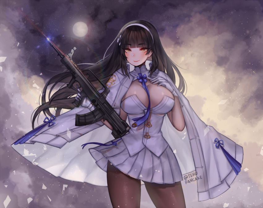 1girl, ass_visible_through_thighs, assault_rifle, bangs, between_breasts, black_hair, blue_neckwear, blunt_bangs
