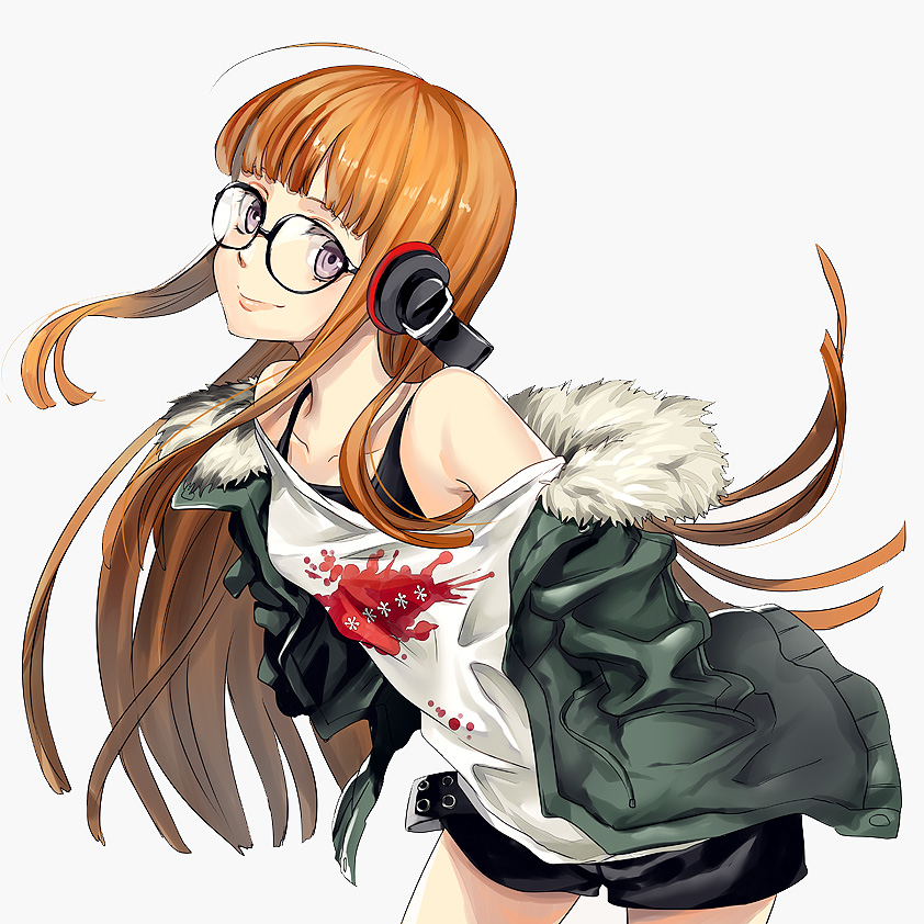 1girl, bangs, black-framed_eyewear, black_shorts, blunt_bangs, brown_hair, collarbone, cowboy_shot, floating_hair, from_side, fur_trim, glasses, green_jacket, headphones, houhou_(black_lack), jacket, leaning_forward, long_hair, looking_at_viewer, off_shoulder, open_clothes, open_jacket, persona, persona_5, sakura_futaba, shiny, shiny_hair, shirt, short_shorts, shorts, simple_background, smile, solo, standing, very_long_hair, violet_eyes, white_background, white_shirt