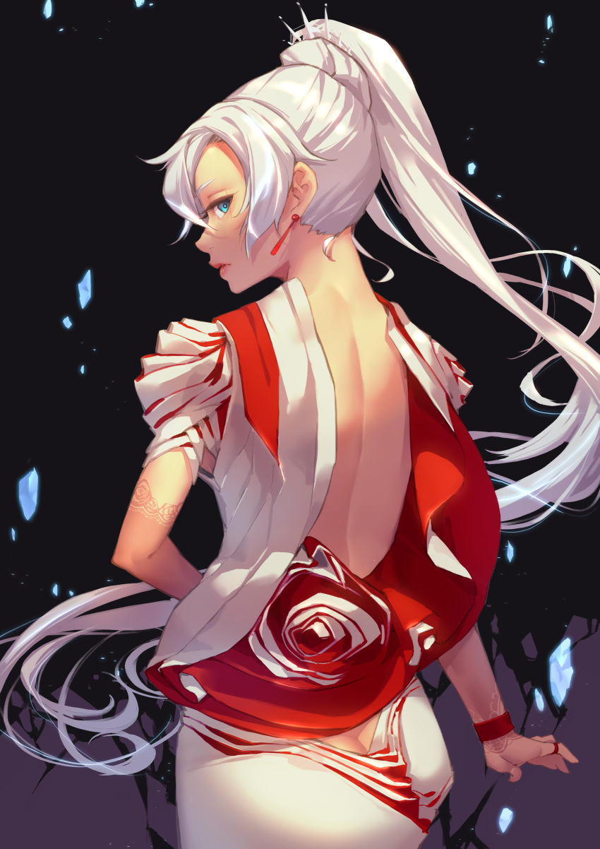 1girl, absurdres, backless_dress, backless_outfit, blue_eyes, bridal_gauntlets, butt_crack, dress
