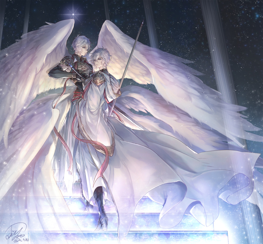 2boys, black_footwear, black_gloves, breastplate, cape, eyebrows_visible_through_hair, feathered_wings, gloves, granblue_fantasy, grey_eyes, hair_between_eyes, highres, holding, holding_sword, holding_weapon, hooded, jiyo_(3510_tss), looking_at_viewer, looking_back, lucilius_(granblue_fantasy), male_focus, multiple_boys, short_hair, shoulder_armor, signature, silver_hair, sky, spaulders, star_(sky), starry_sky, sword, weapon, white_cape, white_wings, wings