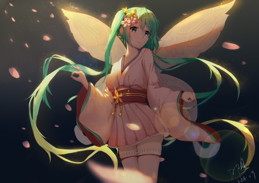 1girl, absurdres, blonde_hair, butterfly_hair_ornament, butterfly_wings, cherry_blossoms, eyebrows_visible_through_hair, floating_hair