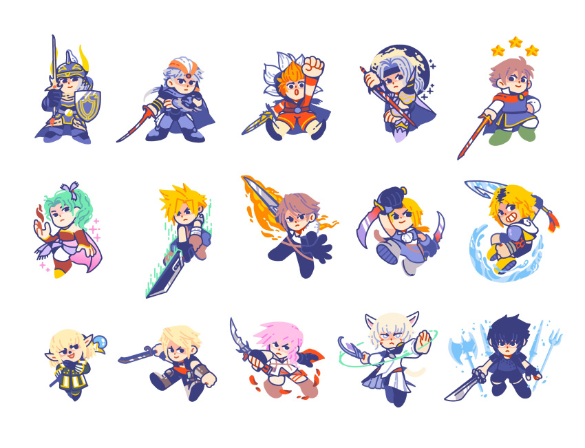 3girls, 6+boys, absurdres, animal_ears, armor, axe, black_hair, blonde_hair