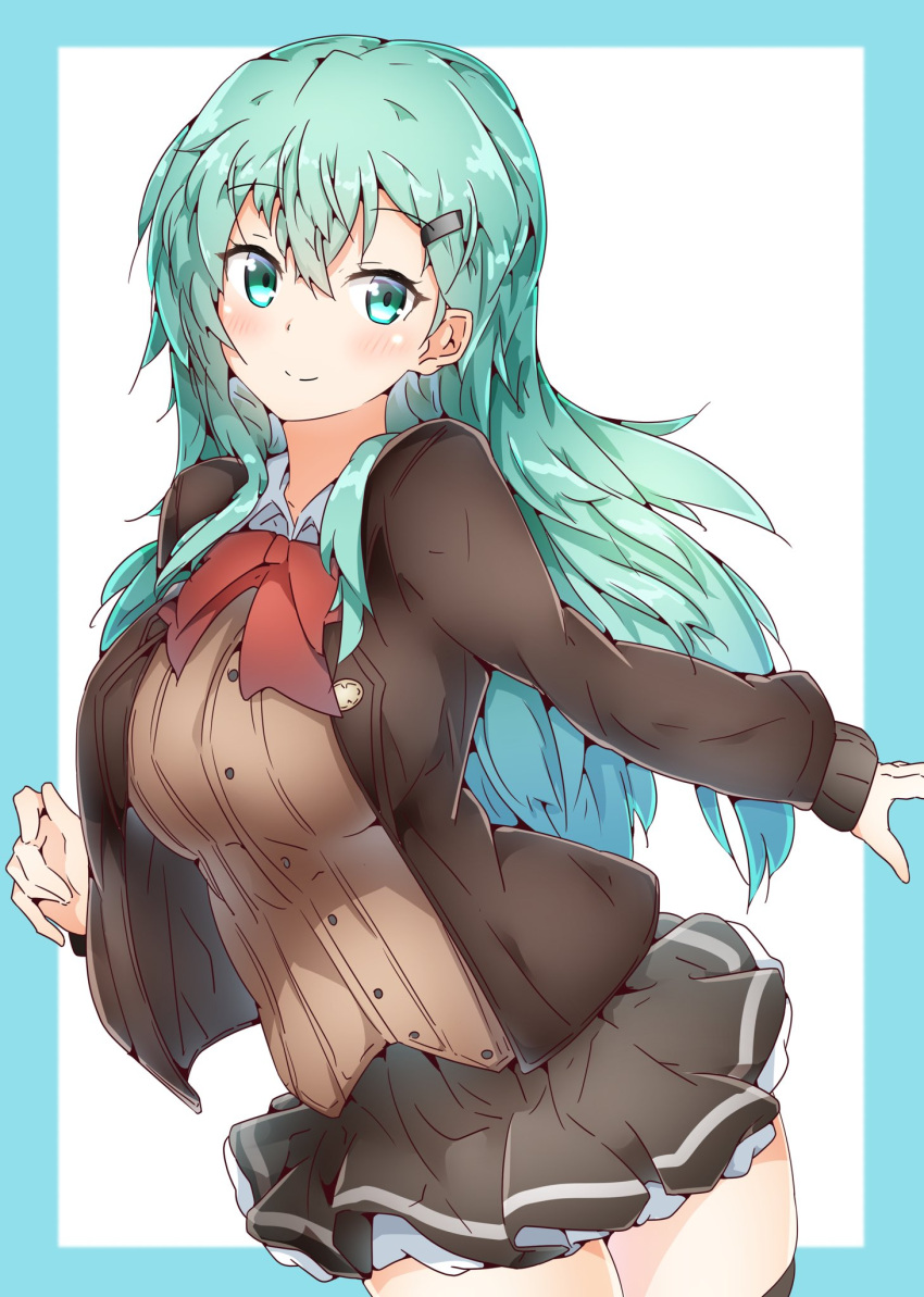 1girl, aqua_eyes, aqua_hair, big_hair, blue_border, blush, border, bow