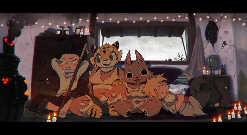 2boys, 2girls, absurdres, animal_ears, animalization, belly, black_eyes, black_hair