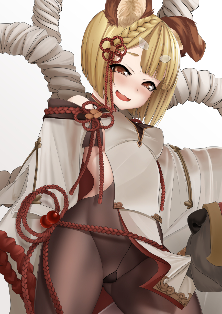 1girl, animal_ears, bangs, blonde_hair, blush, braid, breasts, brown_eyes, brown_legwear, commentary_request, detached_sleeves, dog, dog_ears, erune, garjana, granblue_fantasy, gusset, highres, long_sleeves, looking_at_viewer, luonawei, open_mouth, pantyhose, rope, shimenawa, short_hair, simple_background, sleeves_past_fingers, sleeves_past_wrists, small_breasts, smile, solo, vajra_(granblue_fantasy), white_background, wide_sleeves