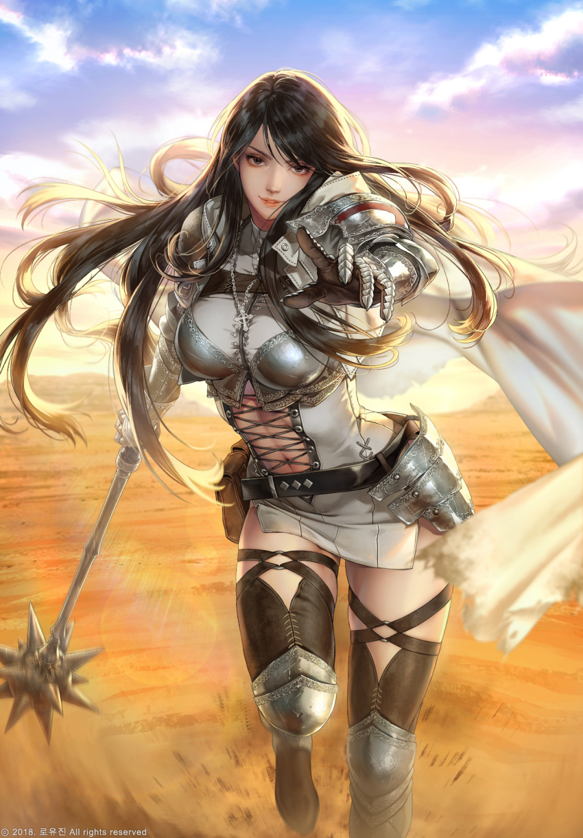 1girl, armor, belt, belt_pouch, black_eyes, black_hair, black_legwear, blurry